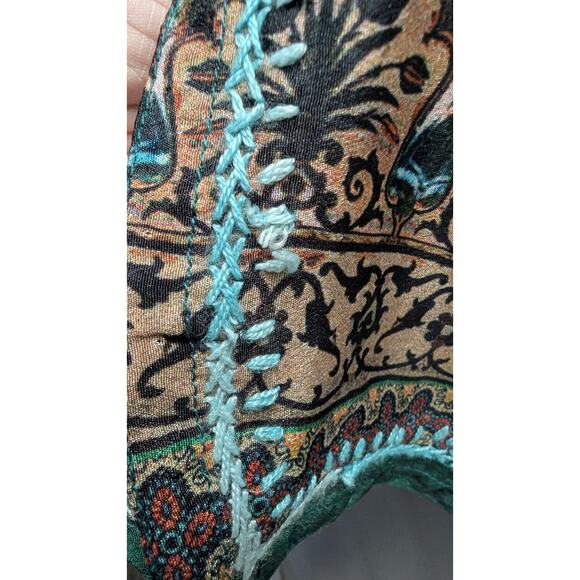 Dolma Silk Hand Embroidered Henley Tunic Teal Turquoise Green Floral Medium O - Picture 4 of 10